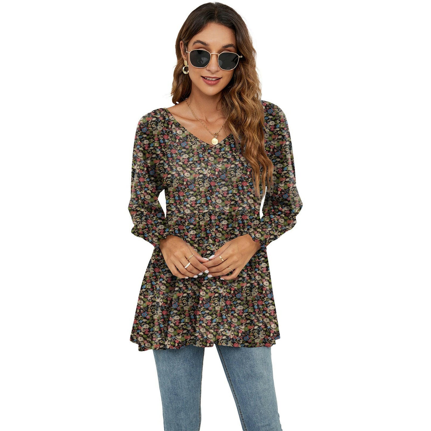 Long Puff Sleeve Tops Women Flowers Print Casual V-Neck Blouse T-Shirts Babydoll Tops.