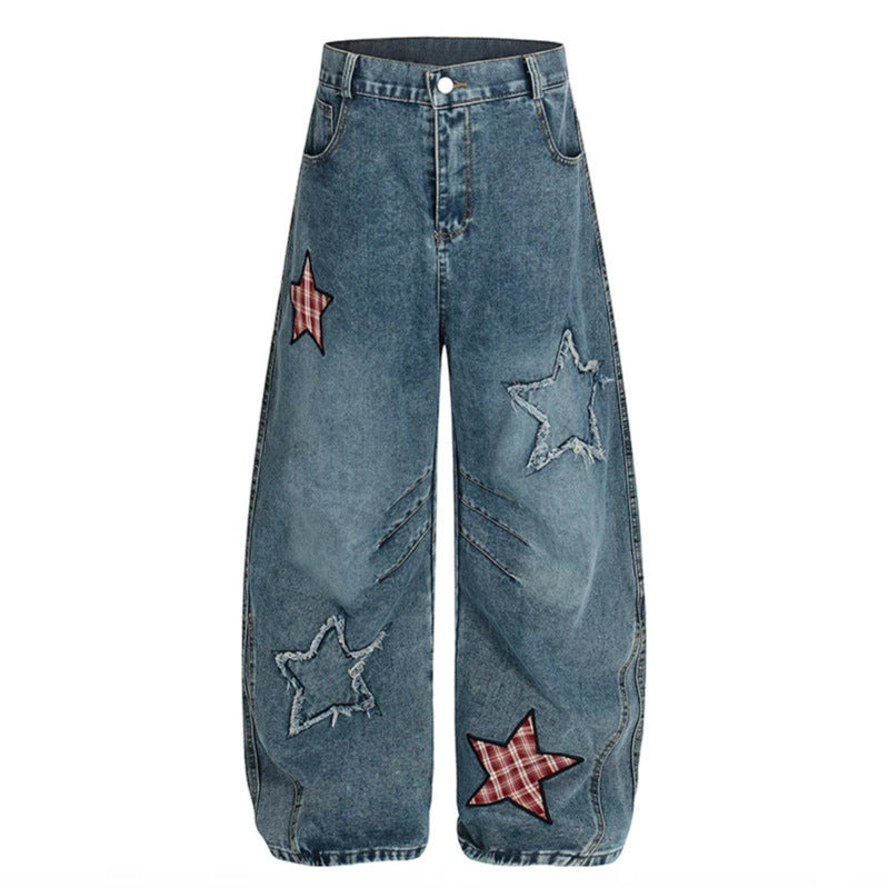 Star sticker washed cat whisker curved knife jeans