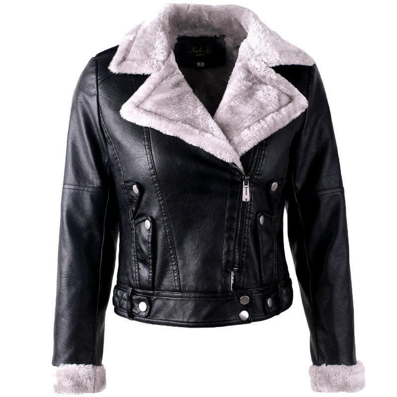 Large Lapel Long Sleeves Plus Velvet Thick Leather Jacket Women Kashur Mart .