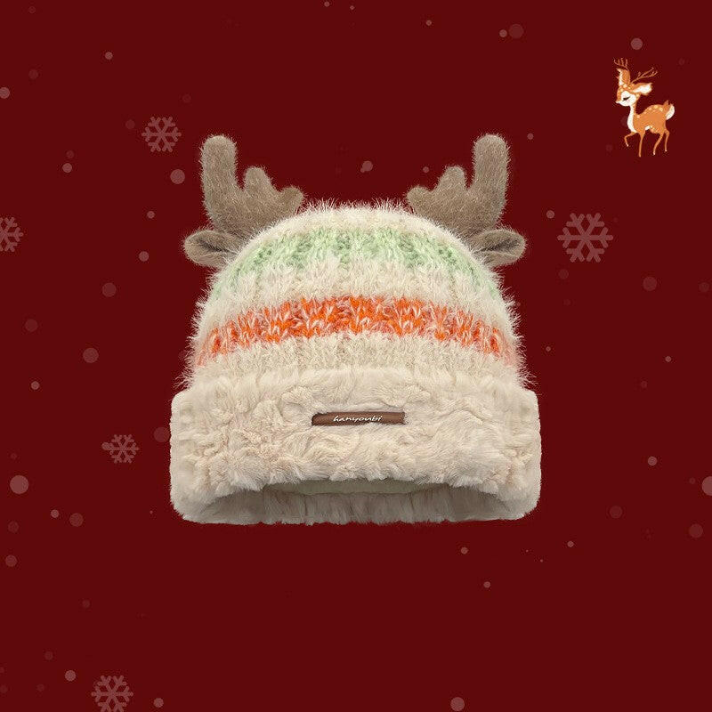 Christmas Knitted Hat With Cute Deer Antler Winter Warm Thick Hat For Girls Women.