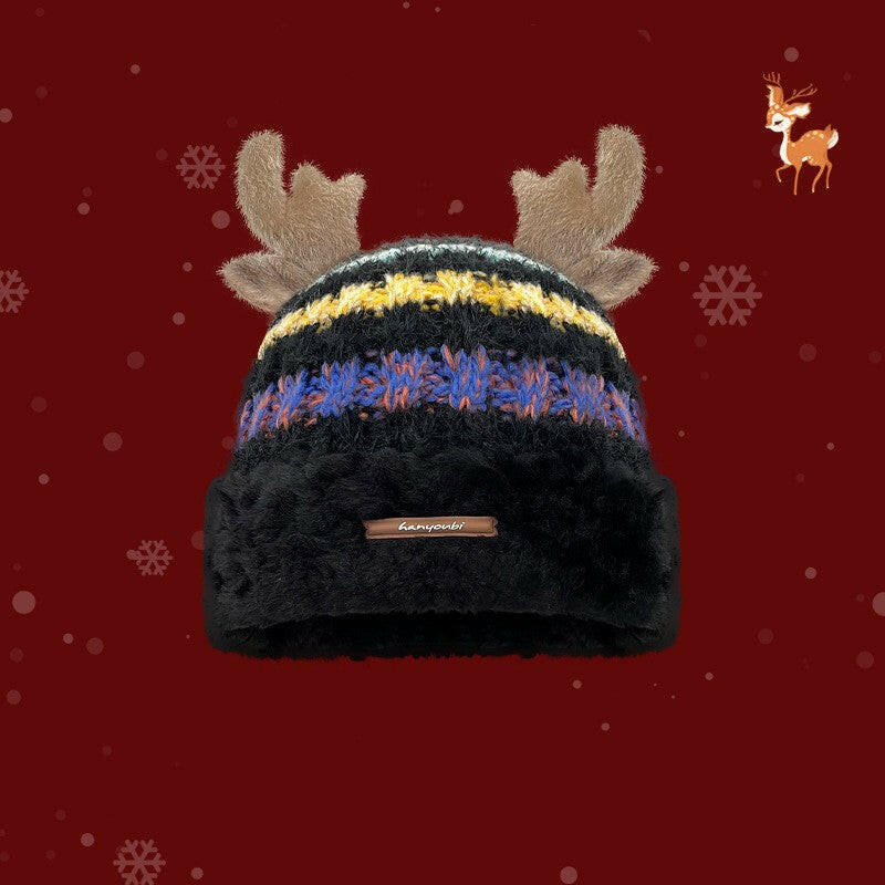 Christmas Knitted Hat With Cute Deer Antler Winter Warm Thick Hat For Girls Women.