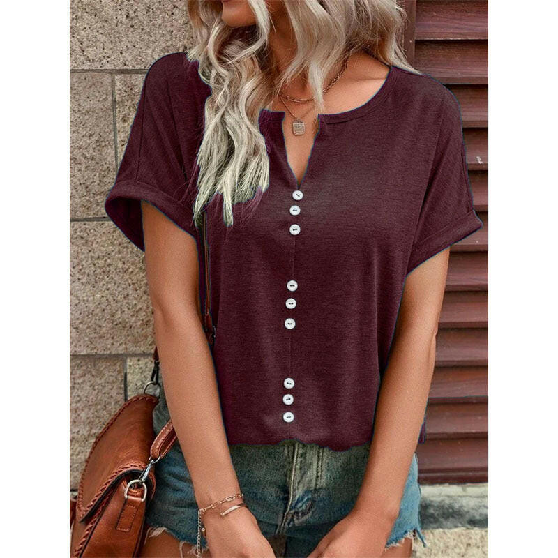 V-neck Short Sleeve Tops Shirt Summer Button Design Blouse.