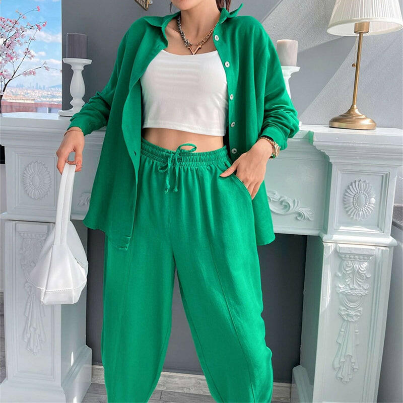 Womens Button Down Lounge Sets Long Sleeve Shirts And 2 Piece Outfit Set Casual Loungewear With Pockets.