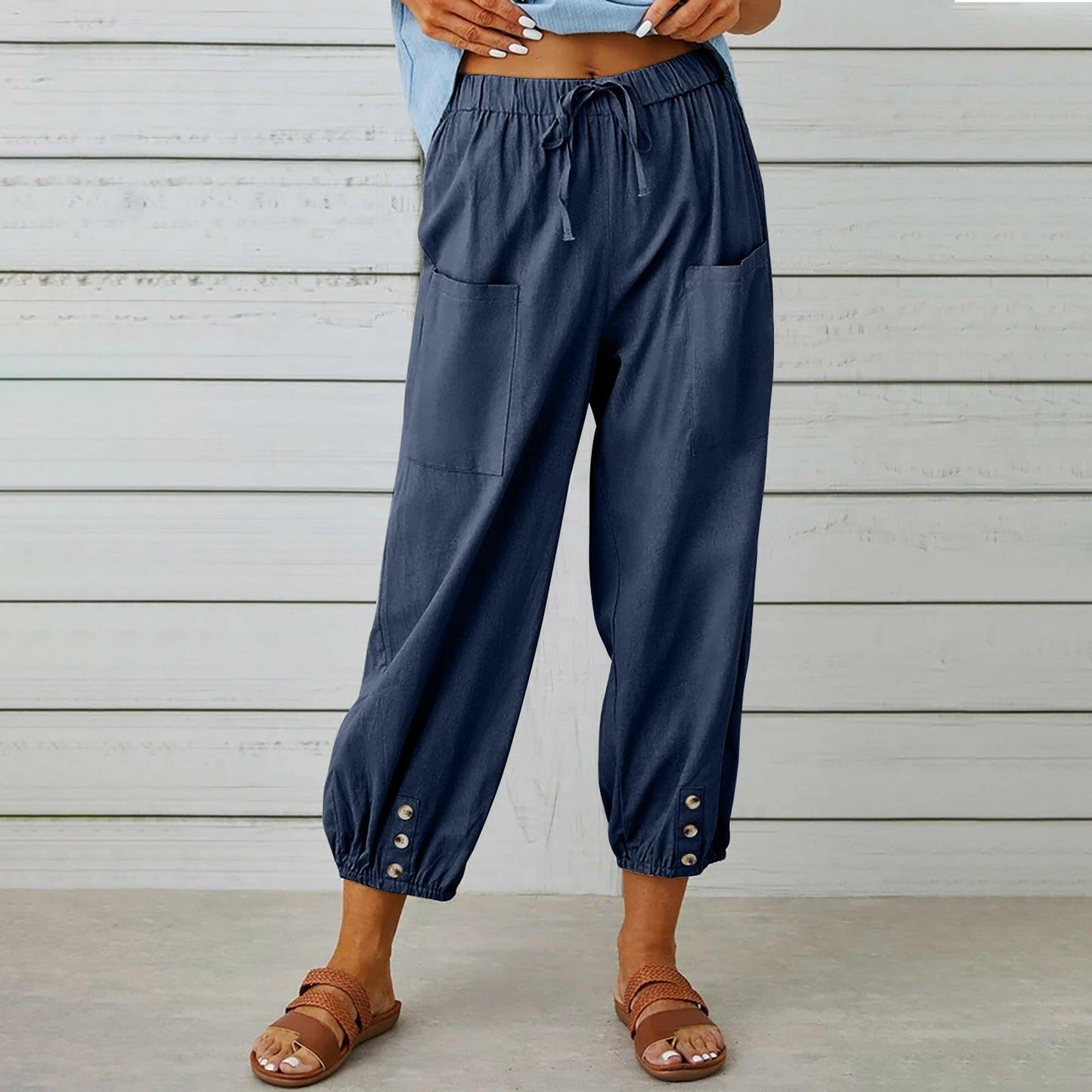 Women Drawstring Tie Pants Spring Summer Cotton And Linen Trousers With Pockets Button.