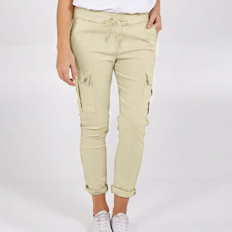 Casual Cargo Pants With Pockets Solid Color Drawstring Waist Pencil Trousers For Women.