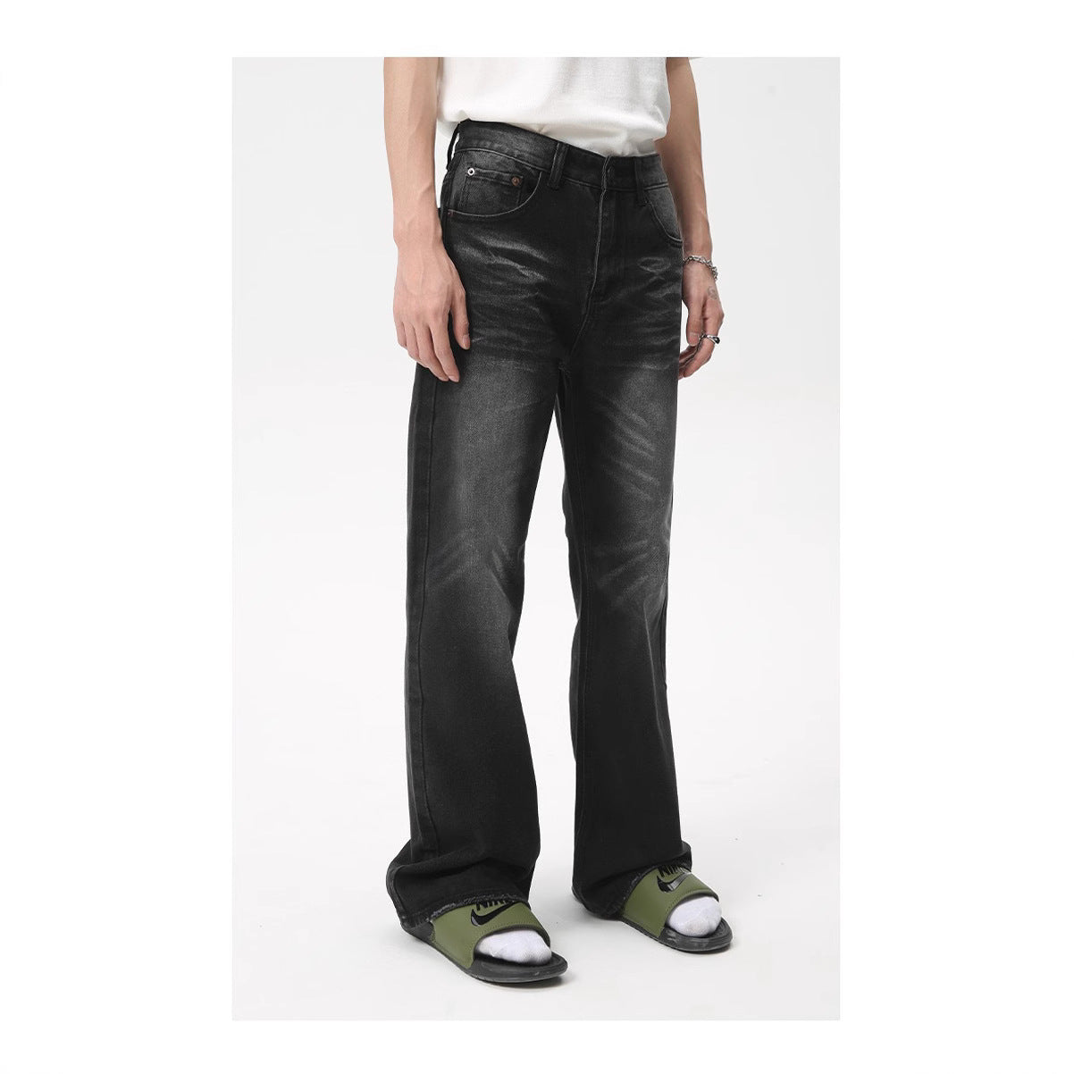 Retro Washed Black Slight Flare Denim Pants Men's High Street Slim Clean Fit Straight Leg Trousers