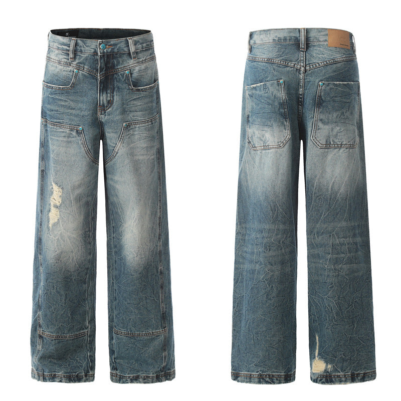 Street Trendy Distressed Denim Pants for Men Loose Straight Design Washed Floor-Length Wide-Leg Trousers
