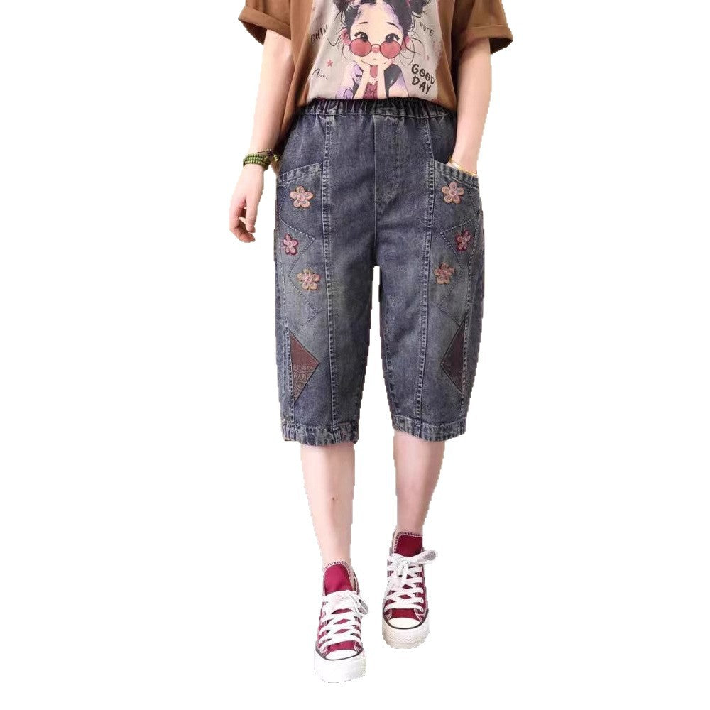 Vintage Ethnic Style Small Embroidered Denim Versatile Women's Loose Plus Size Heart Embroidered Capri Pants Thin