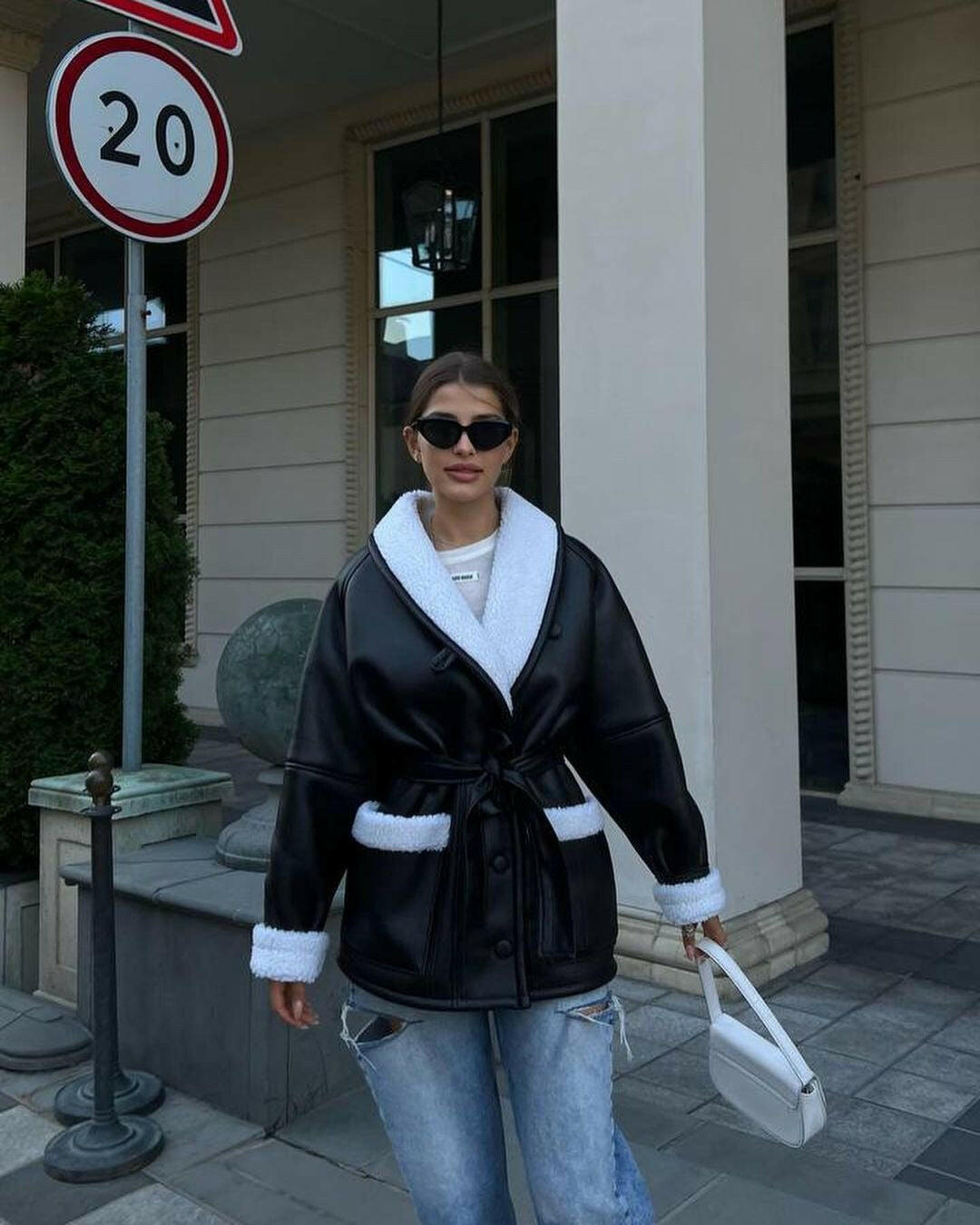 Leather And Fur Korean Style Long Sleeve Splicing Coat Women.