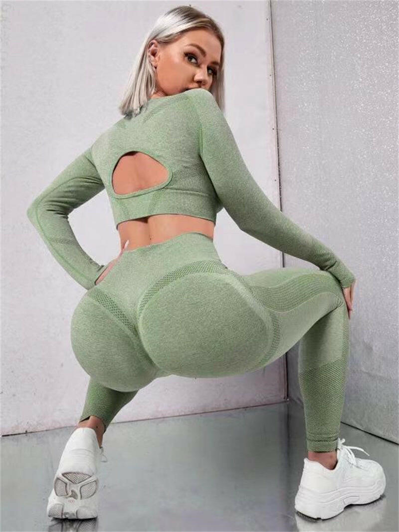2pcs Sports Suits Long Sleeve Hollow Design Tops And Butt Lifting High Waist Seamless Fitness Leggings Sports Gym Sportswear Outfits Clothing.