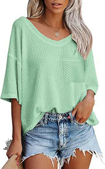 V-neck Shirts Women Summer Short Sleeve Green Tops With Patched Pocket.