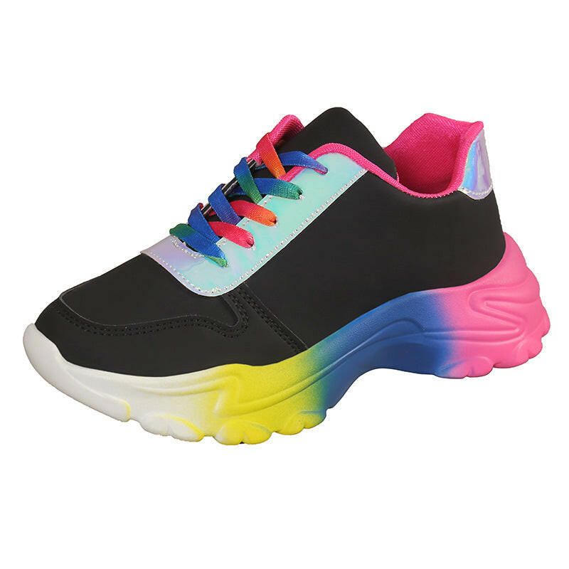 INS Style Rainbow Color Sports Shoes For Women Thick Bottom Lace-up Sneakers Fashion Casual Lightweight Running Walking Shoes.