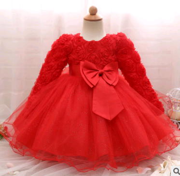 Long-sleeved girls dress rose children's wedding dress skirt.