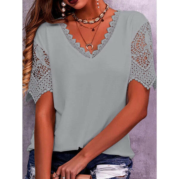 Lace Tops Women Summer Loose V Neck Short Sleeve Casual Shirts.