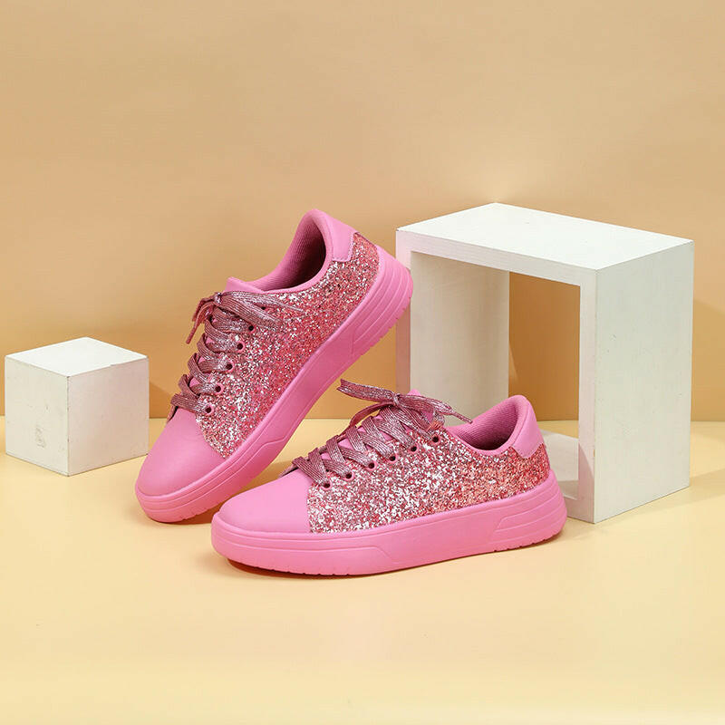 Glitter Sequin Design Flats Shoes Women Trendy Casual Thick-soled Lace-up Sneakers Fashion Skateboard Shoes.