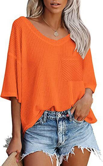 V-neck Shirts Women Summer Short Sleeve Green Tops With Patched Pocket.