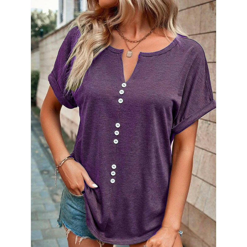 V-neck Short Sleeve Tops Shirt Summer Button Design Blouse.