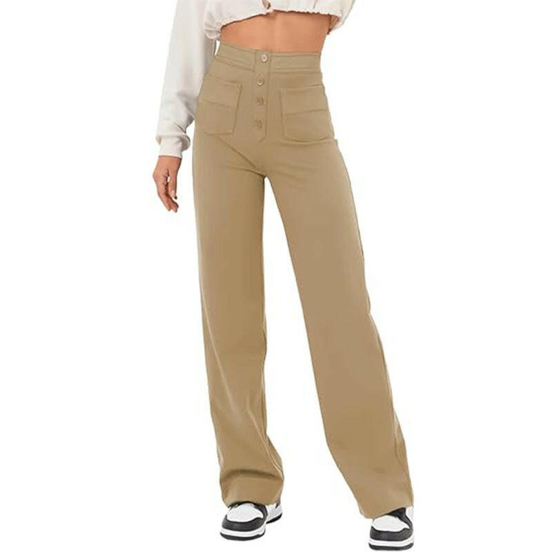 High Waist Trousers With Pockets Casual Loose Wide Leg Button Straight Pants Women's Clothing.