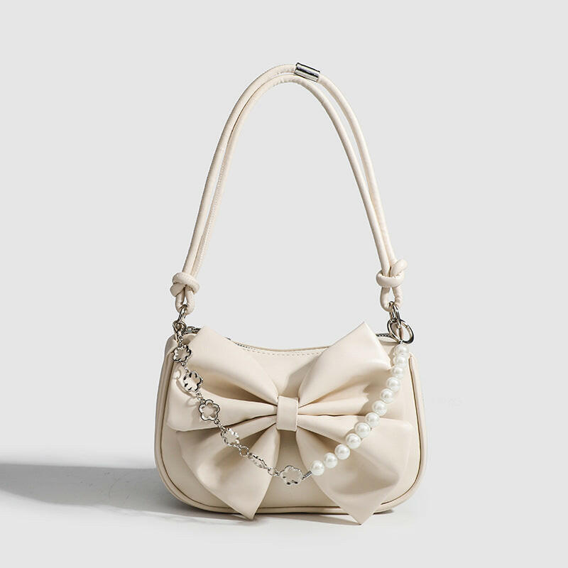 Black White PU Bow Handbags Autumn Winter Ladies Underarm Tote Bags Fashion Simple Pearl Chain Shoulder Bag Small Purse.