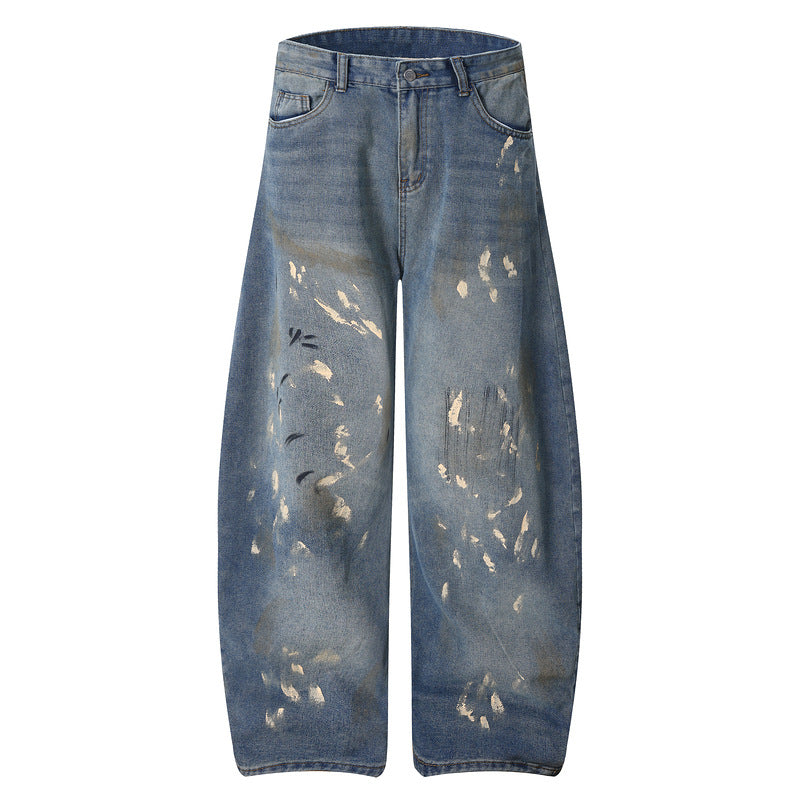 Distressed Splatter Paint Tapered Denim Pants Wide Leg Floor Length Long Pants