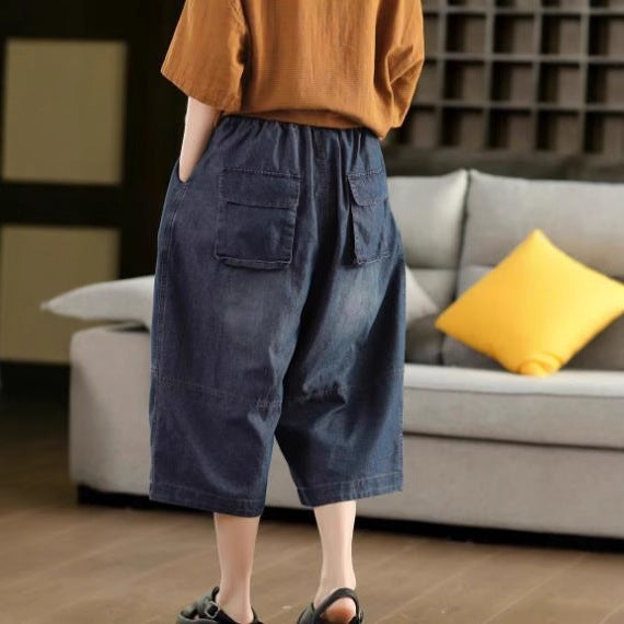 Retro Cotton Denim Pants Women's Water-Washed Faded Loose Casual Trousers 3D Patchwork Slimming Capri Pants