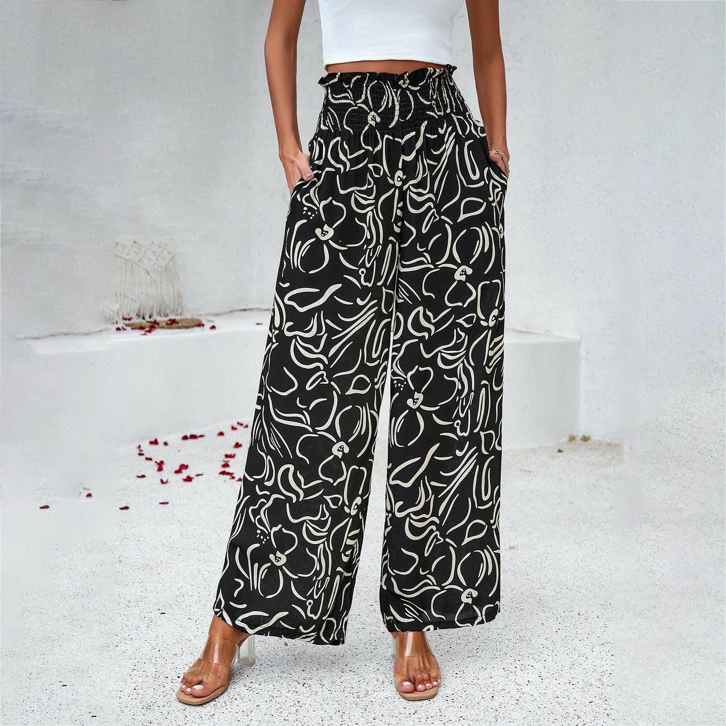 Elegant Printed Trousers Summer Loose Elastic High Waist Straight Pants For Beach Vacation Womens Clothing.