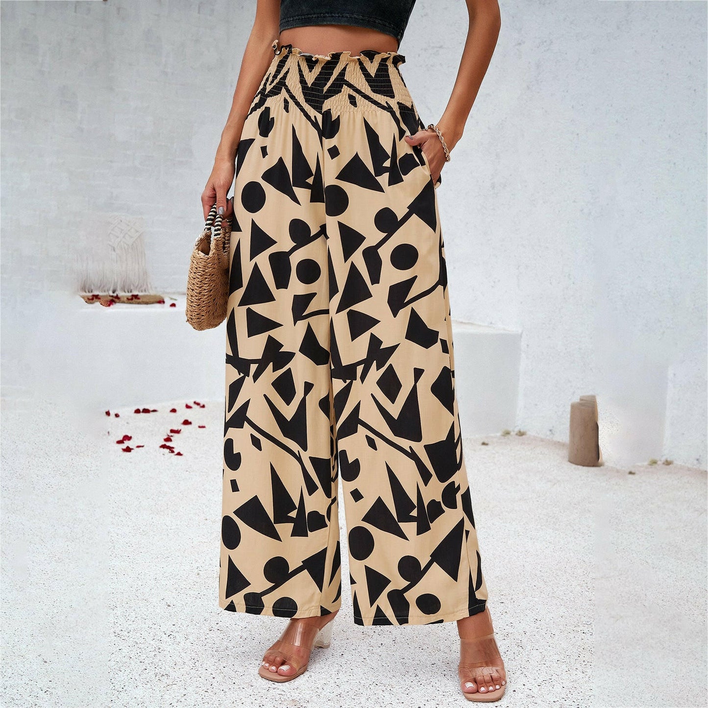 Elegant Printed Trousers Summer Loose Elastic High Waist Straight Pants For Beach Vacation Womens Clothing.