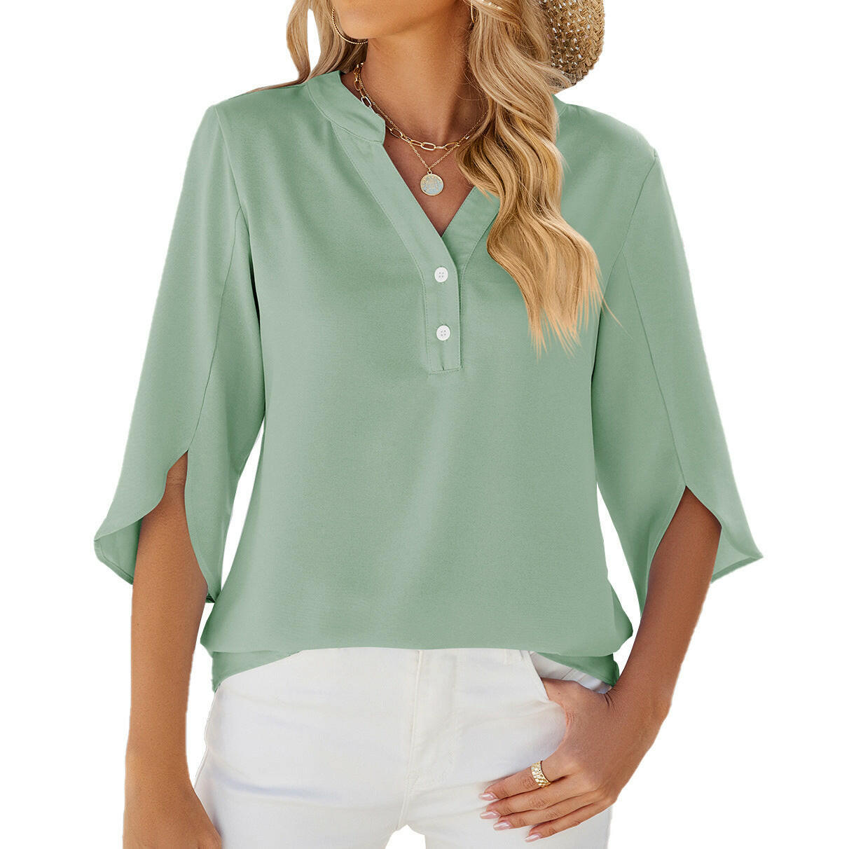 Button V-neck Mid-sleeve Chiffon Shirt Solid Color Top Womens Clothing.