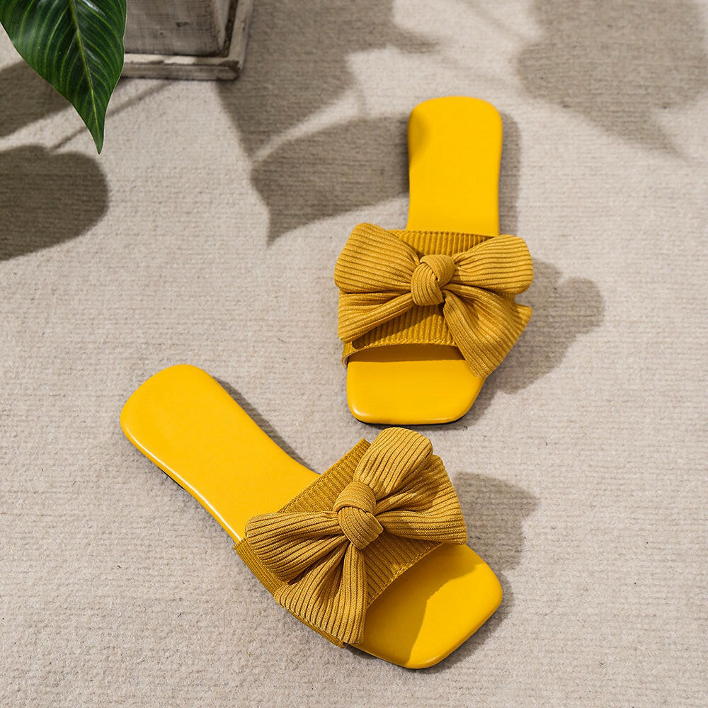 Bow-knot Slippers Outdoor Flat Beach Shoes Square Toe Sandals.
