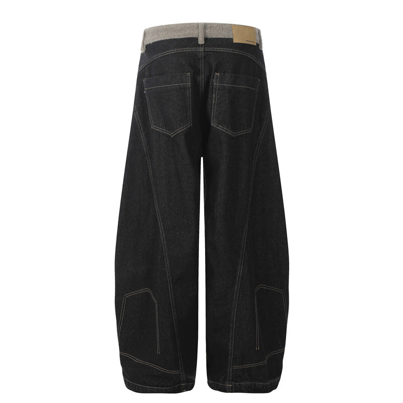 Street Style Reversible Design Men's Jeans Water Washed Vintage Waist Spliced Fleece Straight Leg Wide Leg Tapered