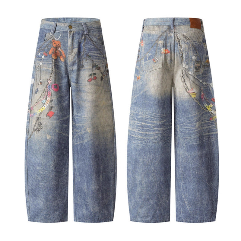 Spray painted chain teddy bear wide leg jeans
