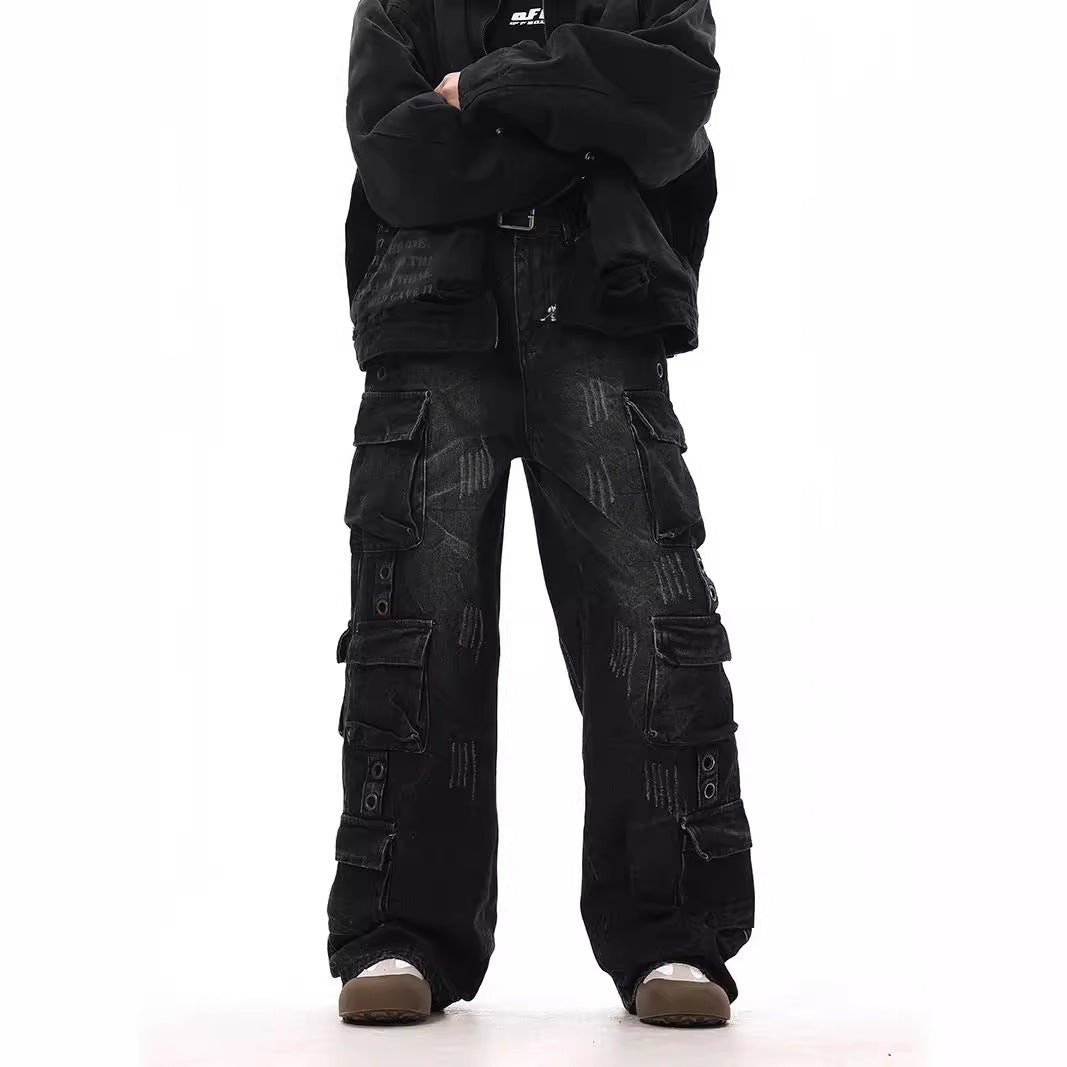 Used washed worn out metal decorated multi pocket denim work pants