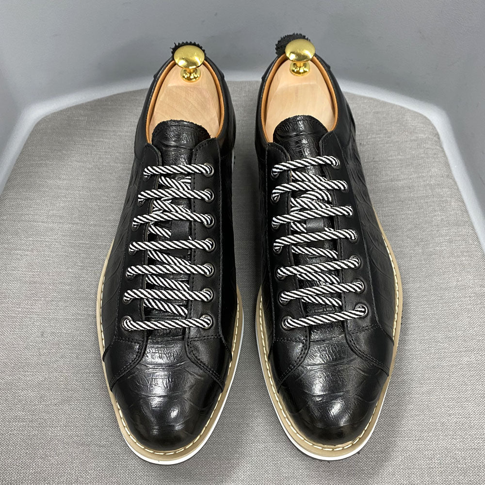 European Style Men's Casual Shoes Real Cow Leather Green Black Fashion Designer Luxury Crocodile Print Street Flat Shoes for Men