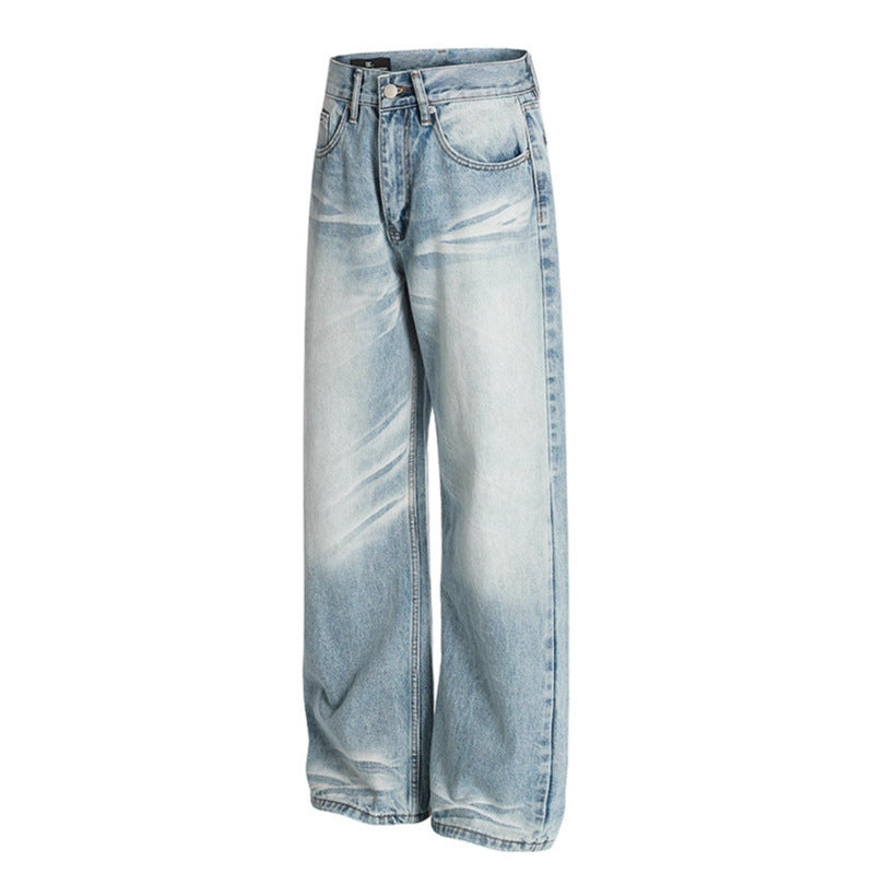 Used washed scratched and ground white straight leg jeans