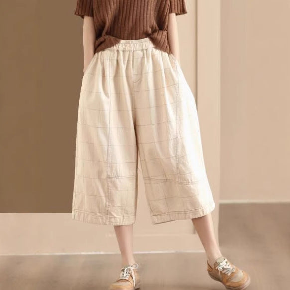 Vintage Washed Denim Wide-Leg Pants with Diamond Patchwork Seven-Quarter Length Loose and Slimming Skirt Trousers Casual Pants