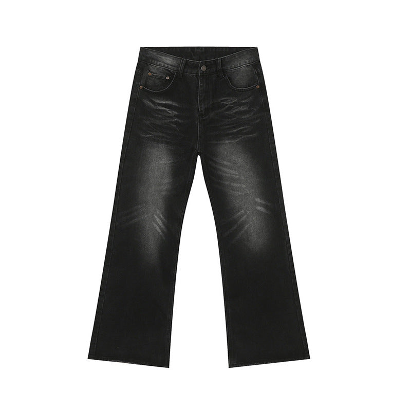 Retro Washed Black Slight Flare Denim Pants Men's High Street Slim Clean Fit Straight Leg Trousers