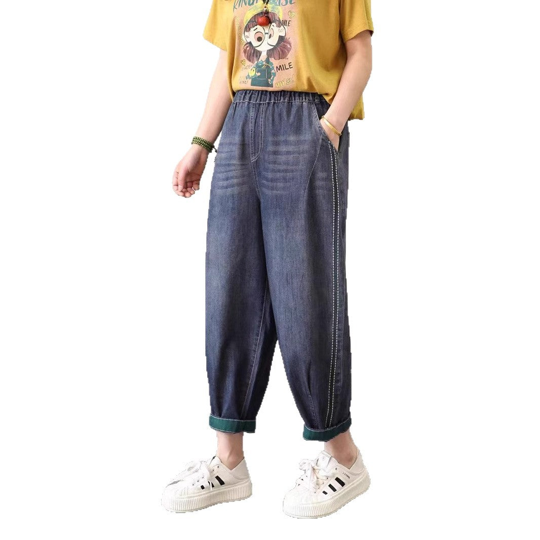 Plain Simple Versatile Denim Pants for Women Loose Plus Size Cuffed Ankle-Length Harem Trousers Popular Summer Pants