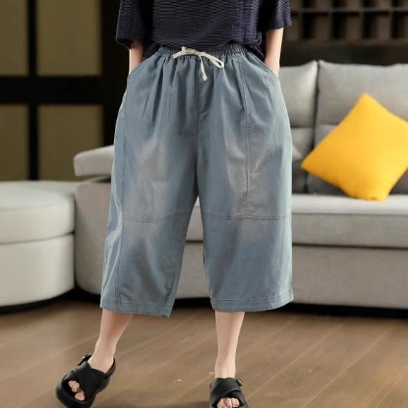 Retro Cotton Denim Pants Women's Water-Washed Faded Loose Casual Trousers 3D Patchwork Slimming Capri Pants