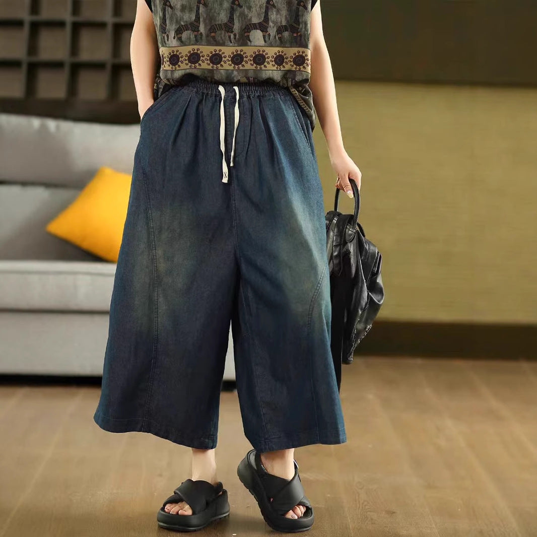 Colorful Faded Cotton Denim Wide Leg Pants for Women with Bleached Patchwork Straight Leg Trousers Thin Summer Nine-Point Pants
