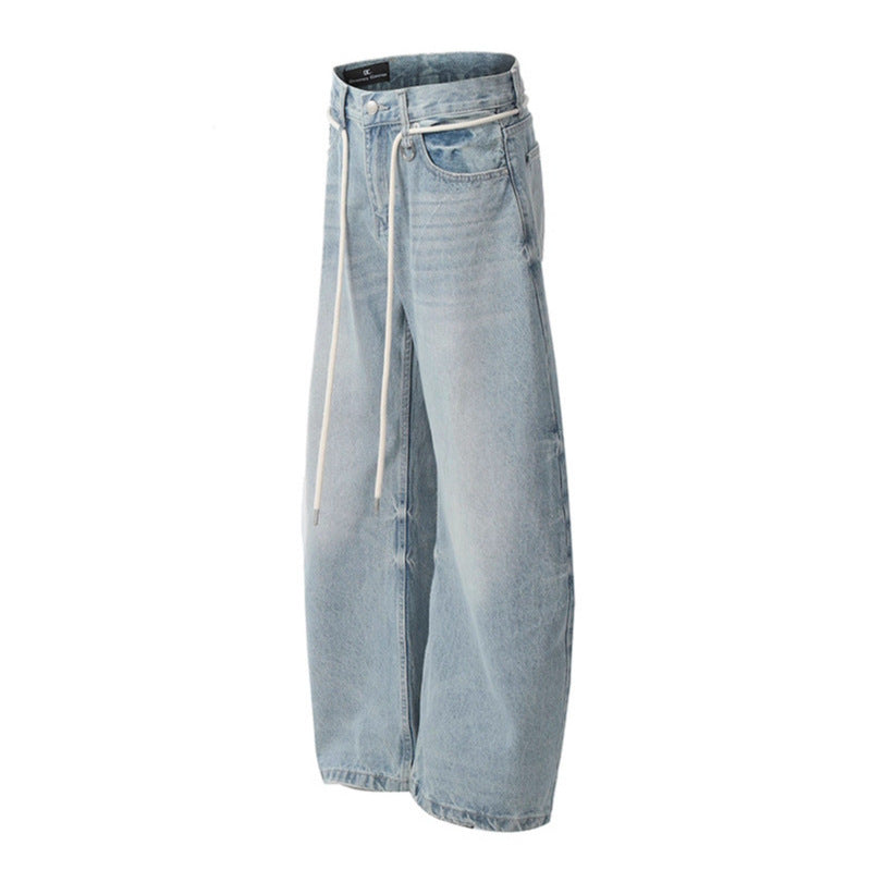 Wash and make old corrugated drawstring wide leg blue denim jeans
