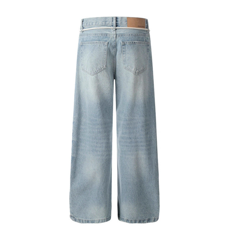 Wash and make old corrugated drawstring wide leg blue denim jeans