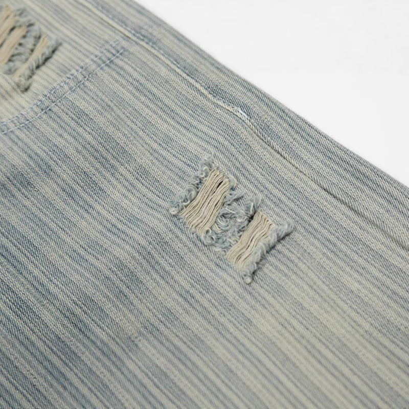 Streetwear Vintage Vertical Striped Distressed Denim Pants Unisex Loose Cleanfit High Street Trousers