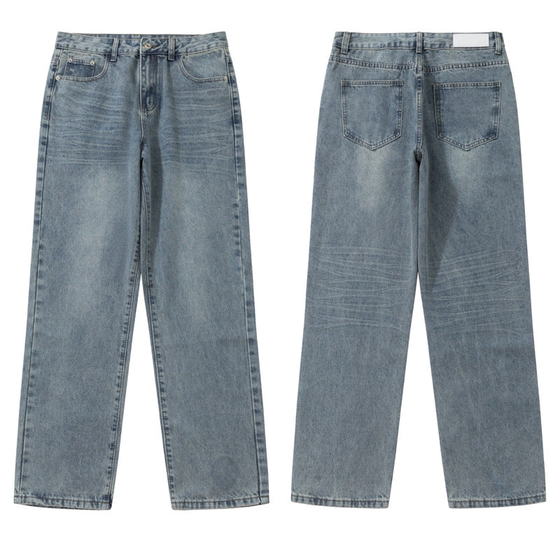 Street Style Basic Versatile Blue Jeans Men's Loose Straight Leg Wide Leg Versatile Washed Casual Long Pants
