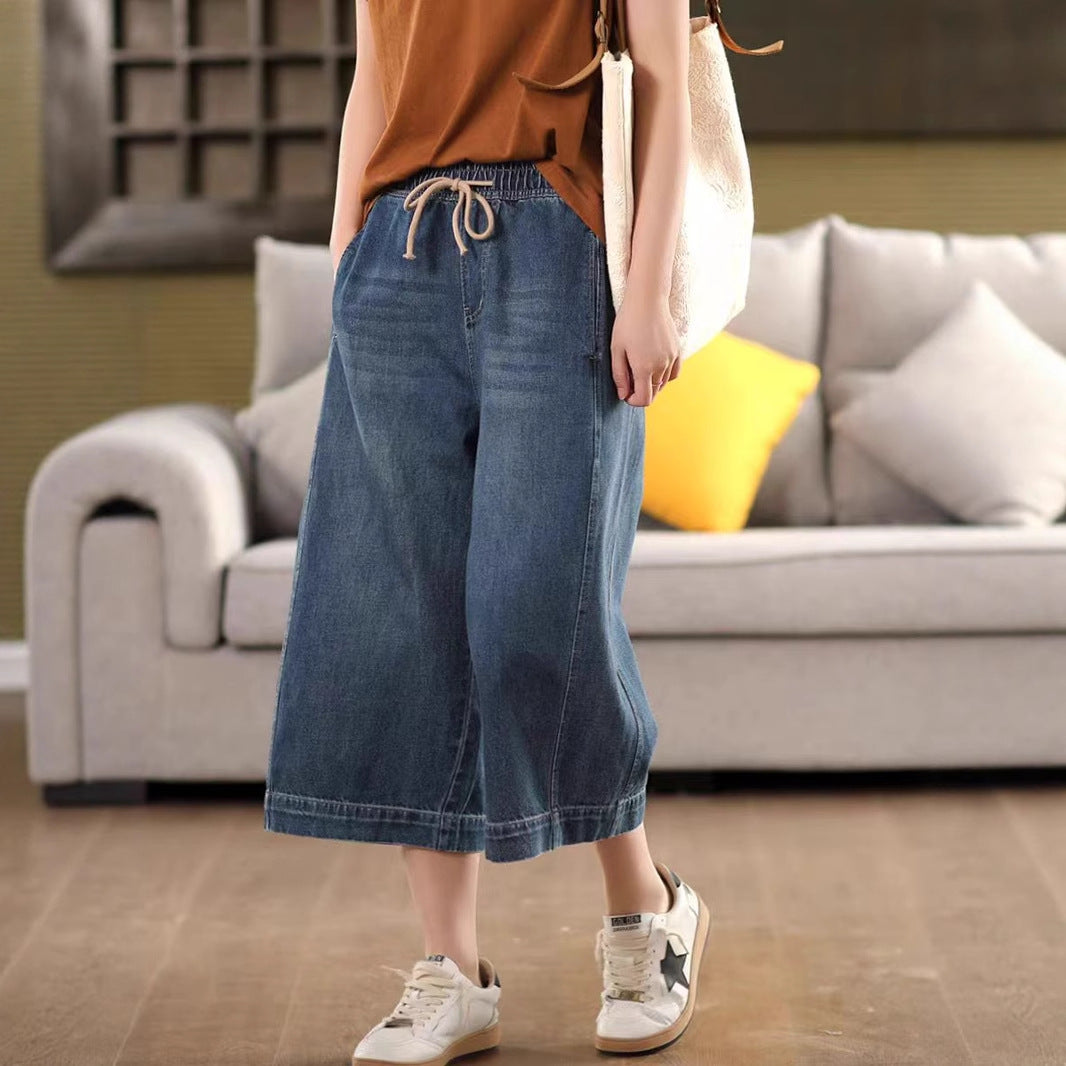 Retro Faded Washed Cotton Denim Trousers for Women Elastic Waist Slimming Loose Straight Leg Three-Quarter Pants Summer