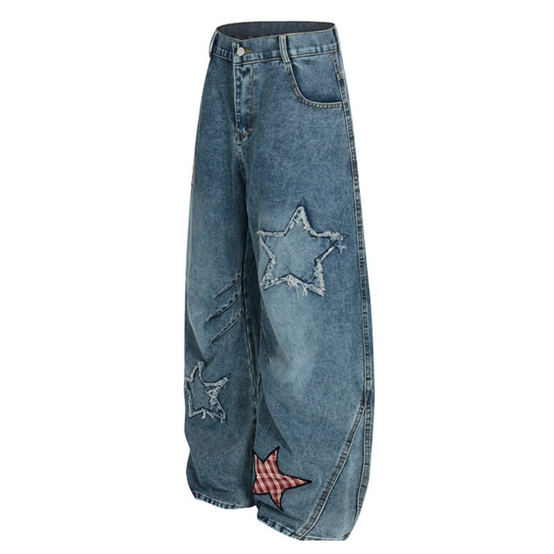 Star sticker washed cat whisker curved knife jeans
