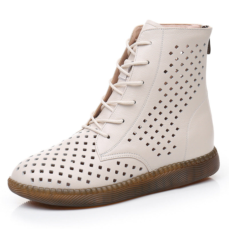 Flat bottomed soft leather perforated boots versatile oversized retro hollowed out Martin boots for women