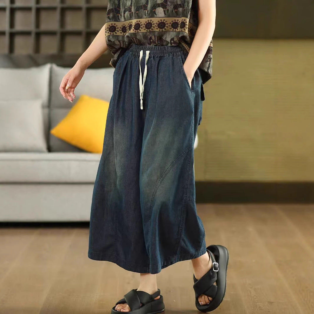 Colorful Faded Cotton Denim Wide Leg Pants for Women with Bleached Patchwork Straight Leg Trousers Thin Summer Nine-Point Pants