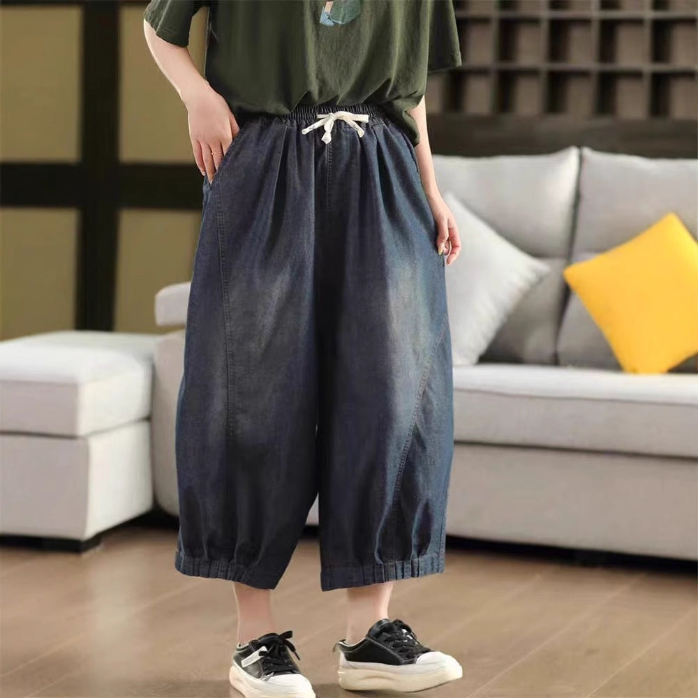 Retro Cotton Denim Pants Women's Belted Elastic Waist Dad Pants Loose and Slimming Nine-Point Pants Summer