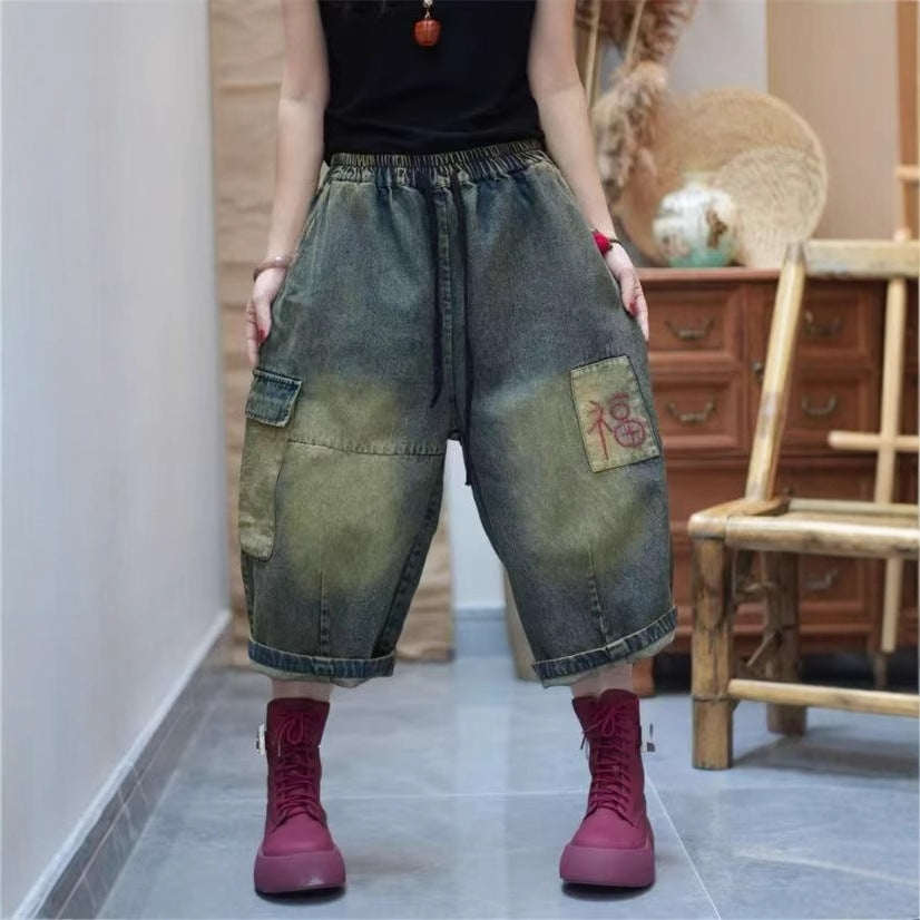 Vintage Embroidered Elastic Waist Distressed Denim Pants for Women, Loose Wide Leg Capri Trousers