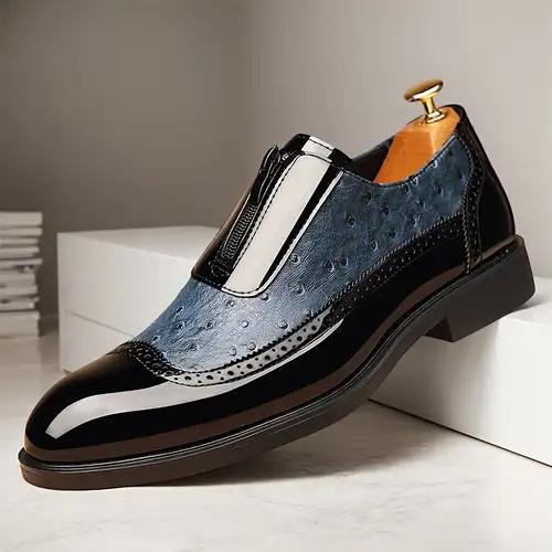 Embossed zipper pointed men's shiny leather Chelsea men's single shoes